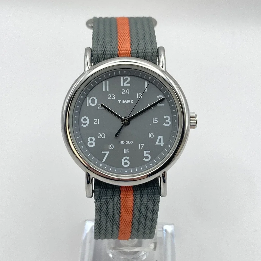 Timex Weekender Men's Watch 38mm Silver Tone Indiglo Gray Orange New Battery